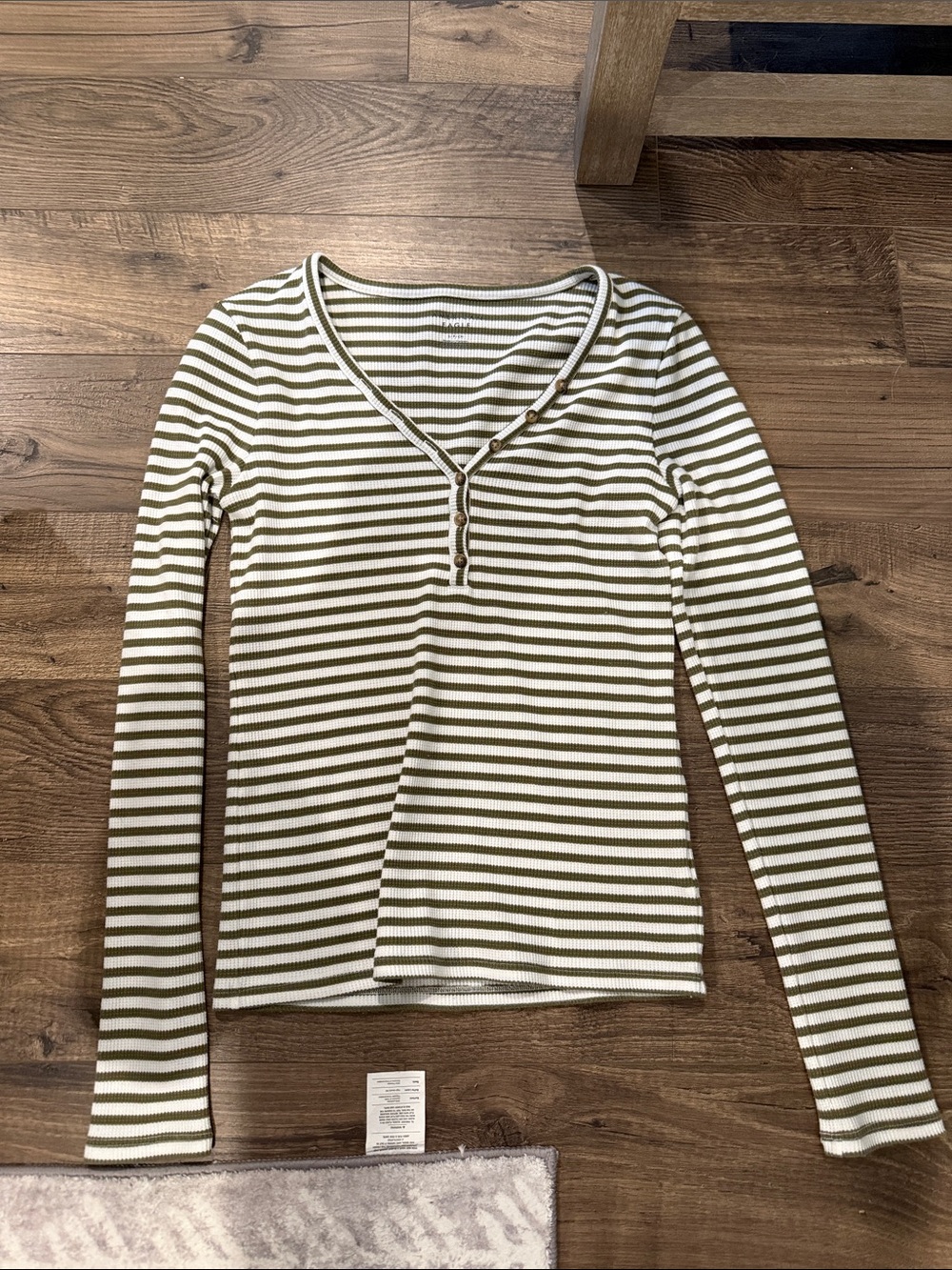 American Eagle Striped Olive & White Long-Sleeve Henley Top